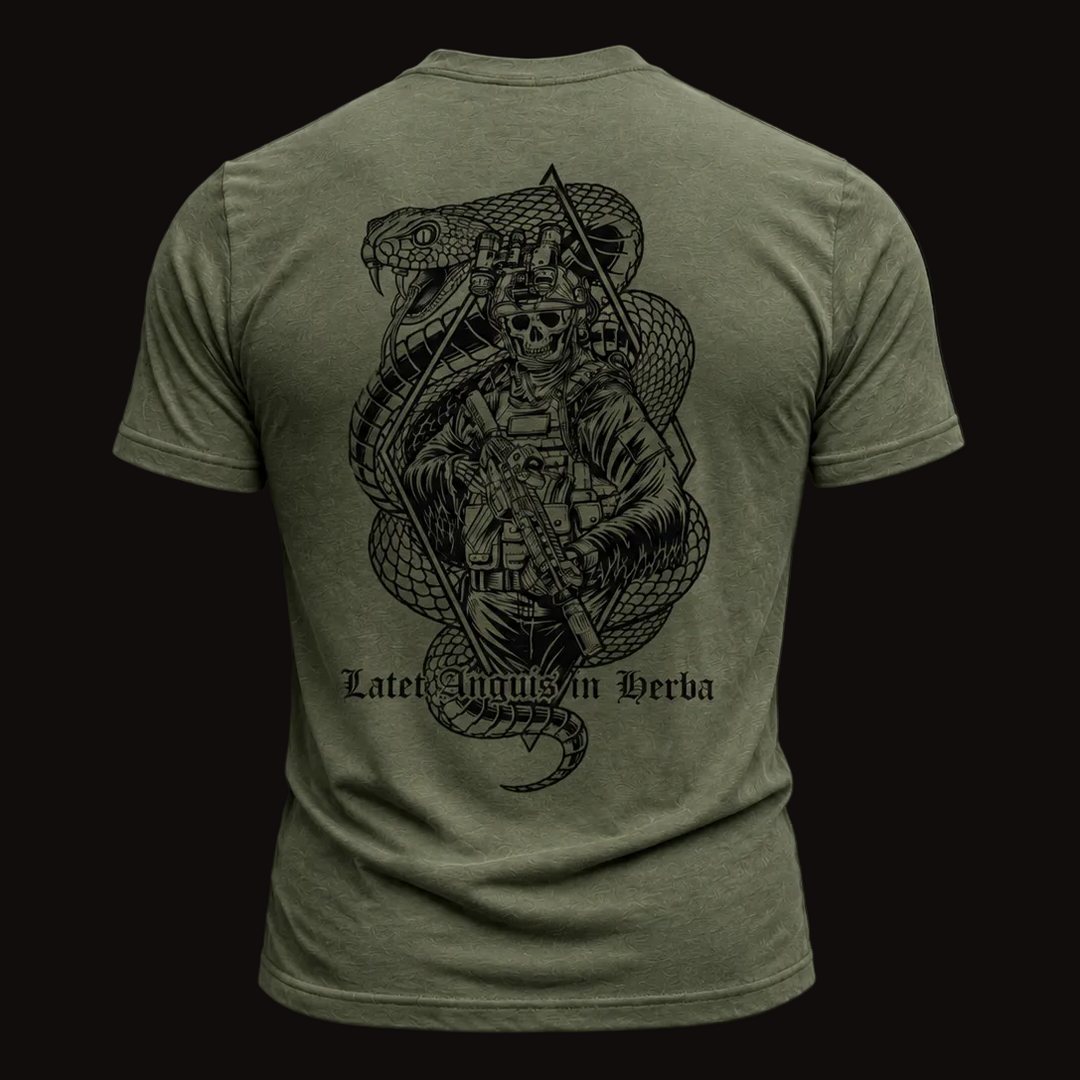 Strider Solutions Latet Anguis in Herba tee — lifestyle shot