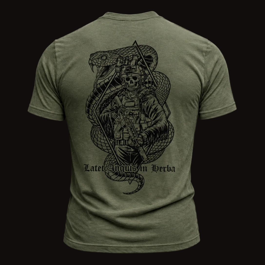 Strider Solutions Latet Anguis in Herba tee — lifestyle shot
