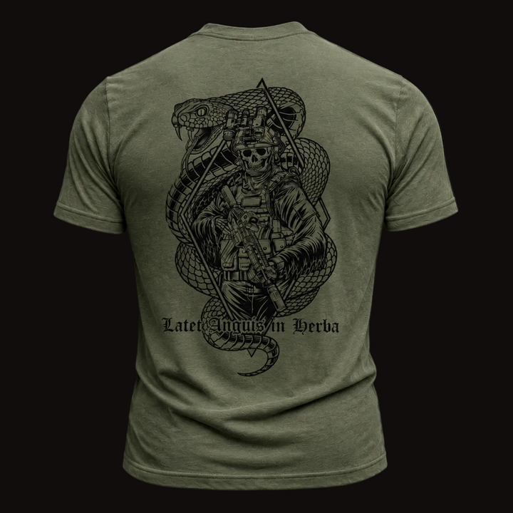 Strider Solutions Latet Anguis in Herba tee — lifestyle shot