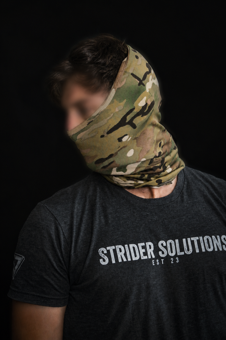 MULTICAM neck cover pulled up over the face as a face wrap