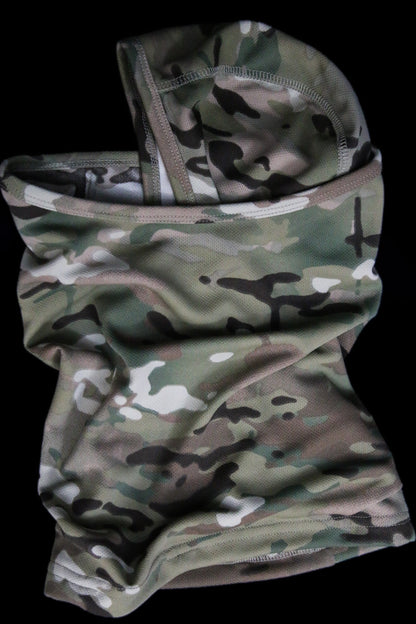 MULTICAM 2-in-1 balaclava laid flat showing the stowable hood and the contoured nose taper