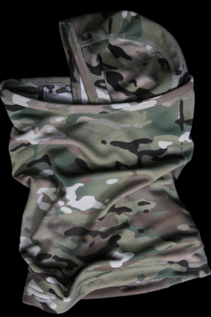 MULTICAM 2-in-1 balaclava laid flat showing the stowable hood and the contoured nose taper
