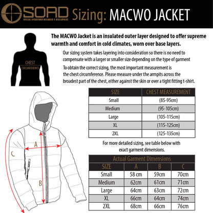 MACWO Jacket Size Chart — measurements in centimetres
