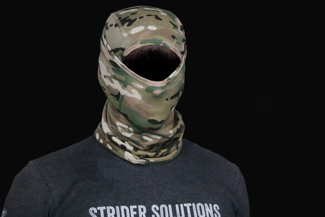 MULTICAM balaclava front view, hood deployed for full head and face coverage