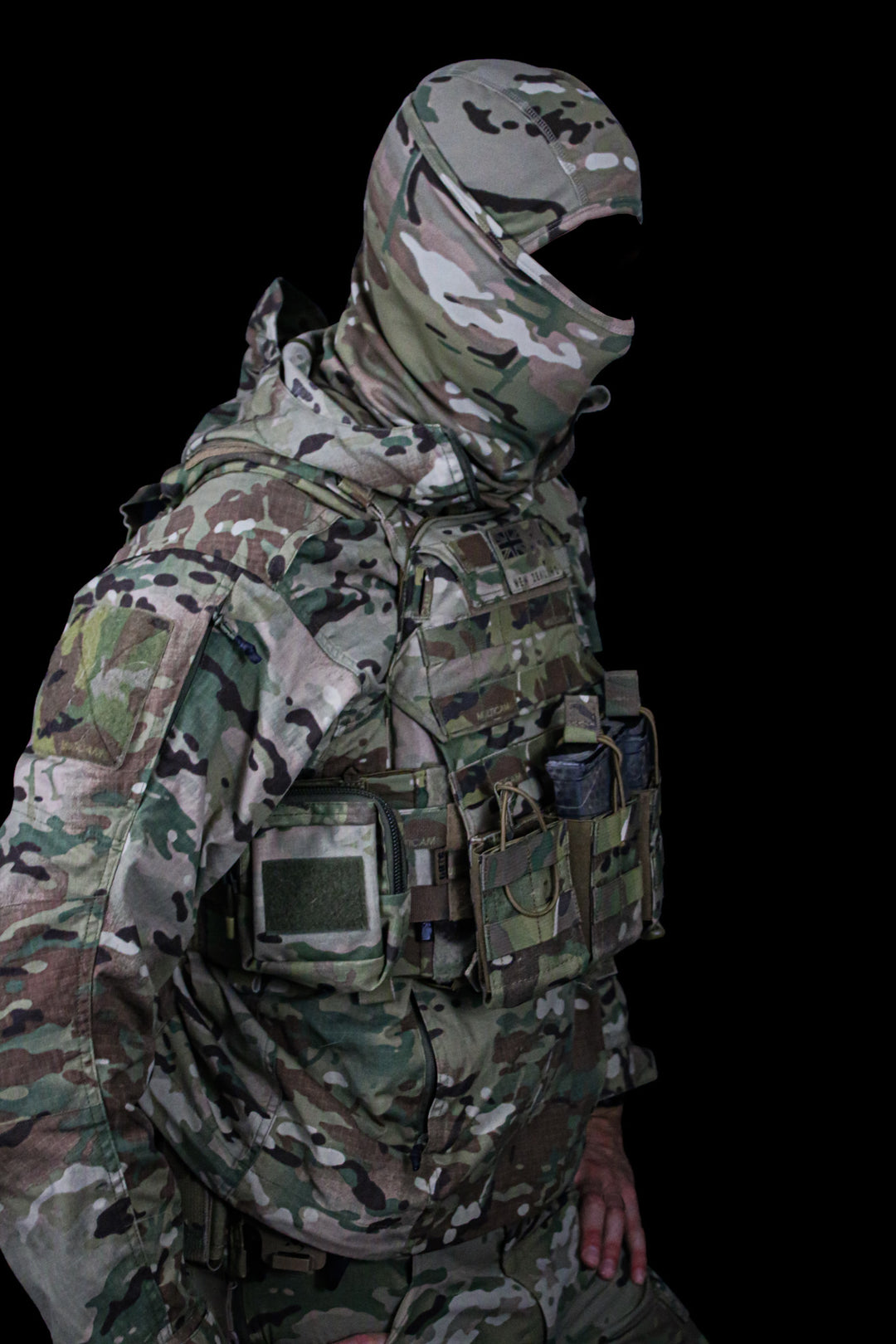 NZ made MULTICAM balaclava side profile worn with a plate carrier and chest rig