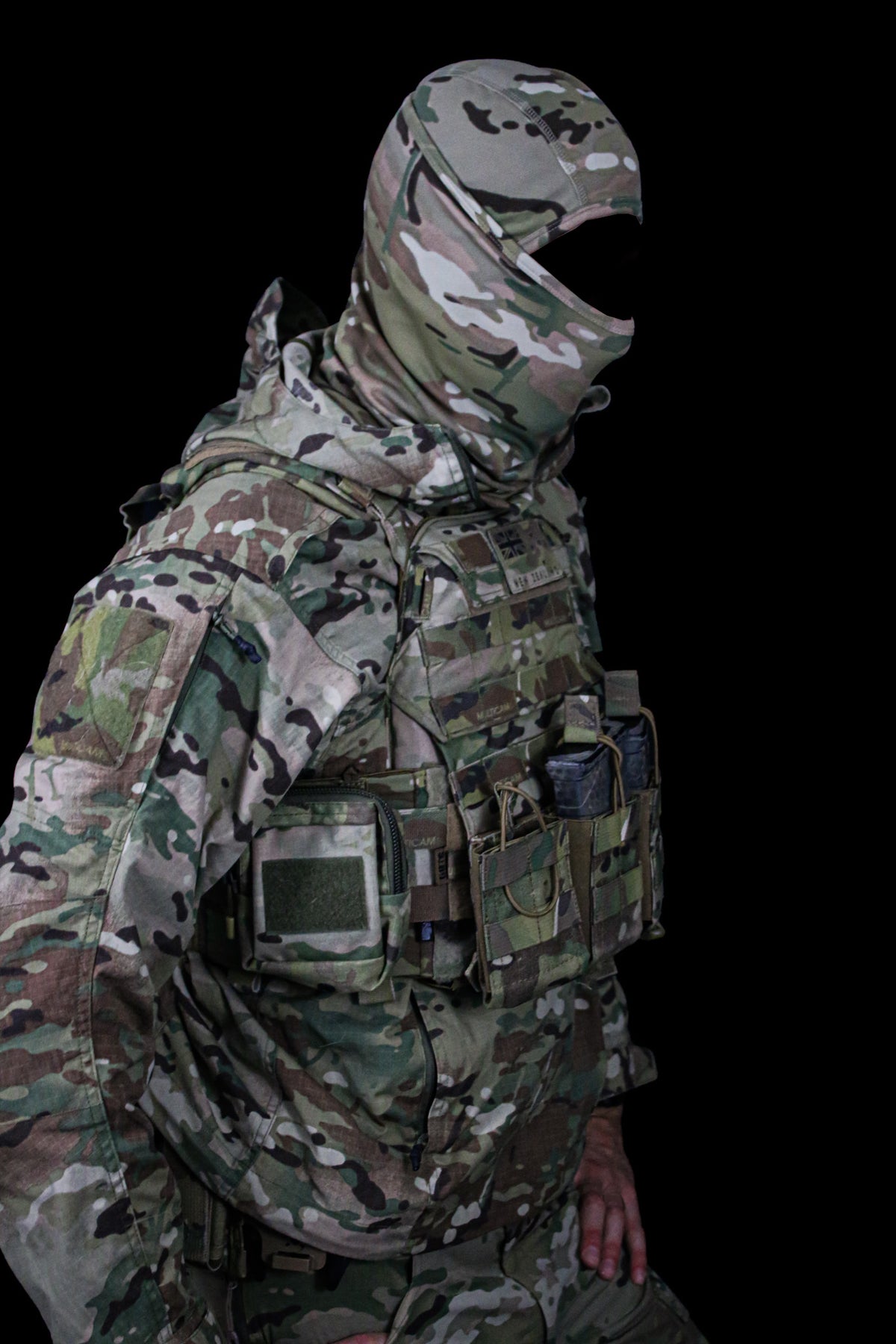 NZ made MULTICAM balaclava side profile worn with a plate carrier and chest rig