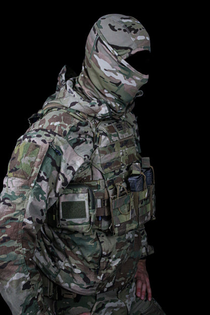 NZ made MULTICAM balaclava side profile worn with a plate carrier and chest rig