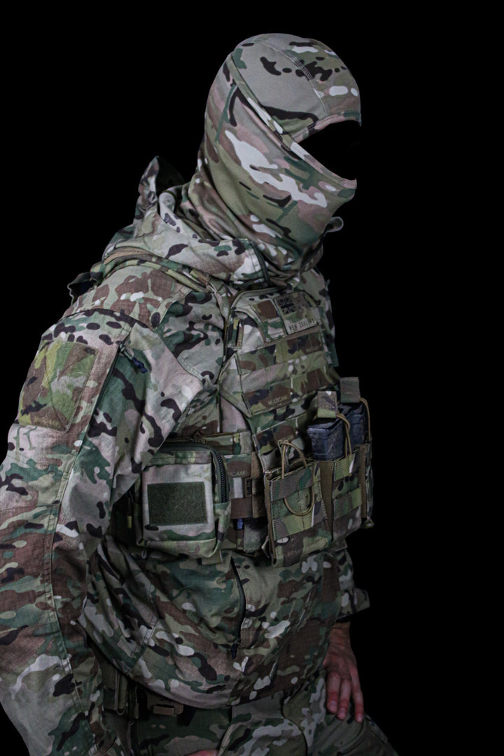 NZ made MULTICAM balaclava side profile worn with a plate carrier and chest rig